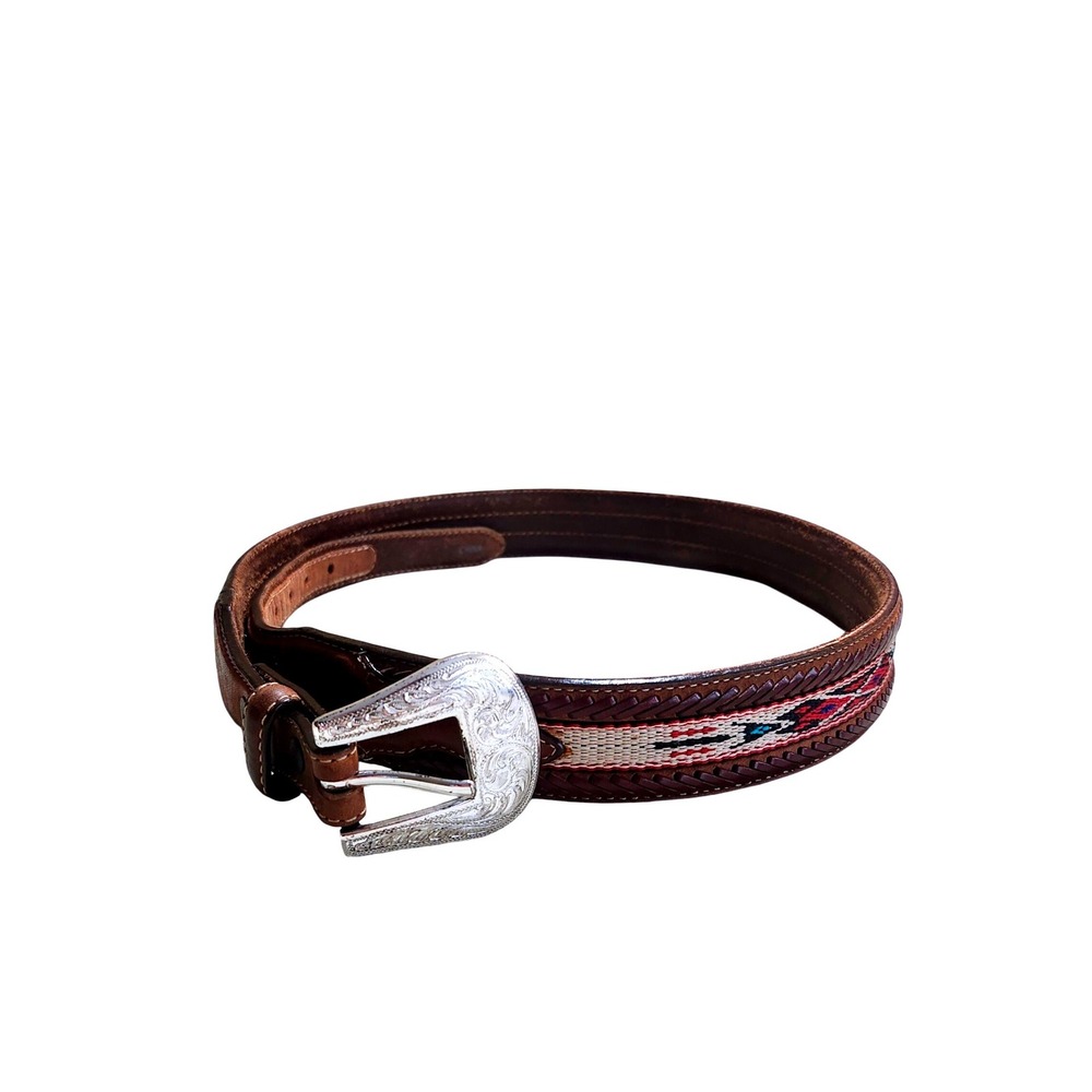 Silver Creek Western Belt Womens 32 Brown Leather Woven Inlay Engraved Buckle